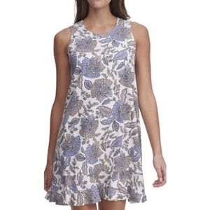Tommy Hilfiger Linen Blend Floral Print Sleeveless Ruffle Hem A-Line Dress SZ 14